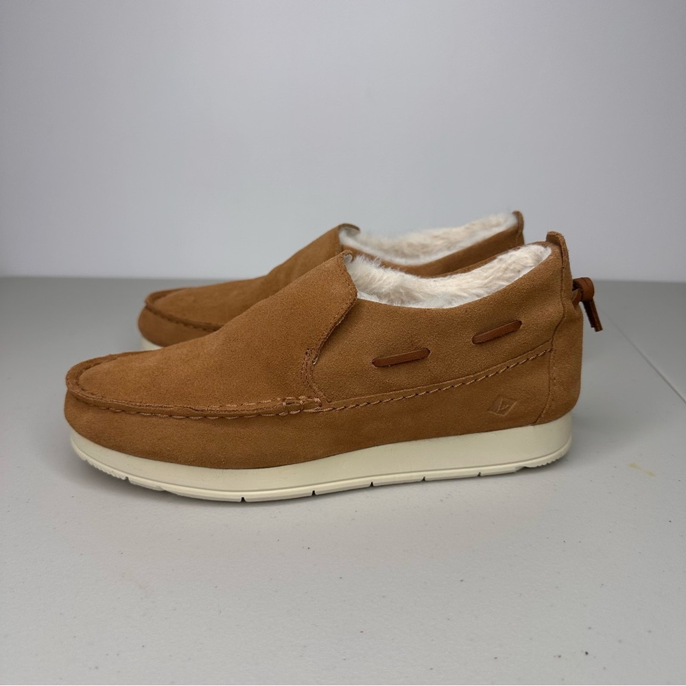 Sperry Moc-Sider Wedge Slipper Women’s 7M Tan Suede Faux Fur Lined
